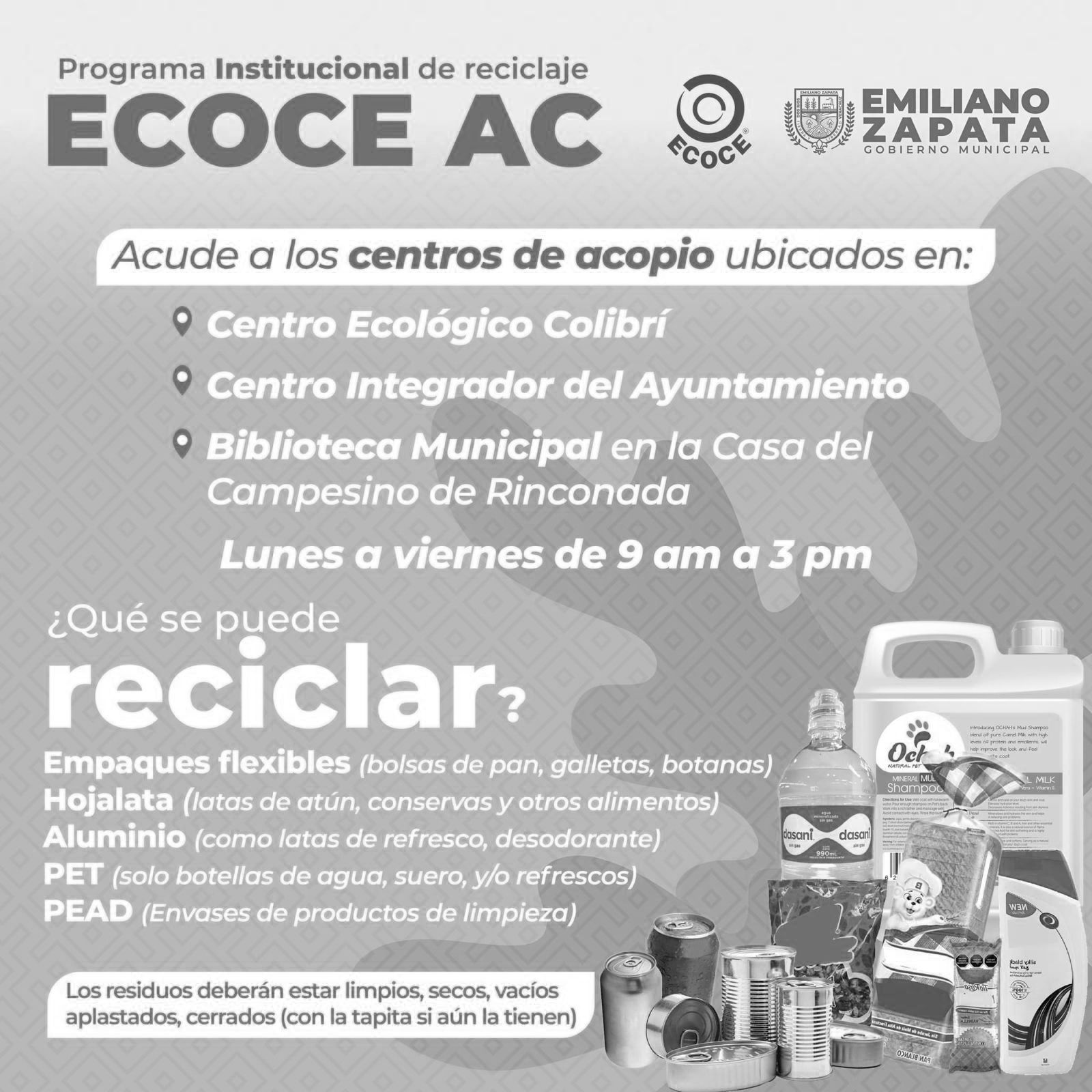 Participa en el Programa de Reciclaje ECOCE AC en sedes de Emiliano Zapata